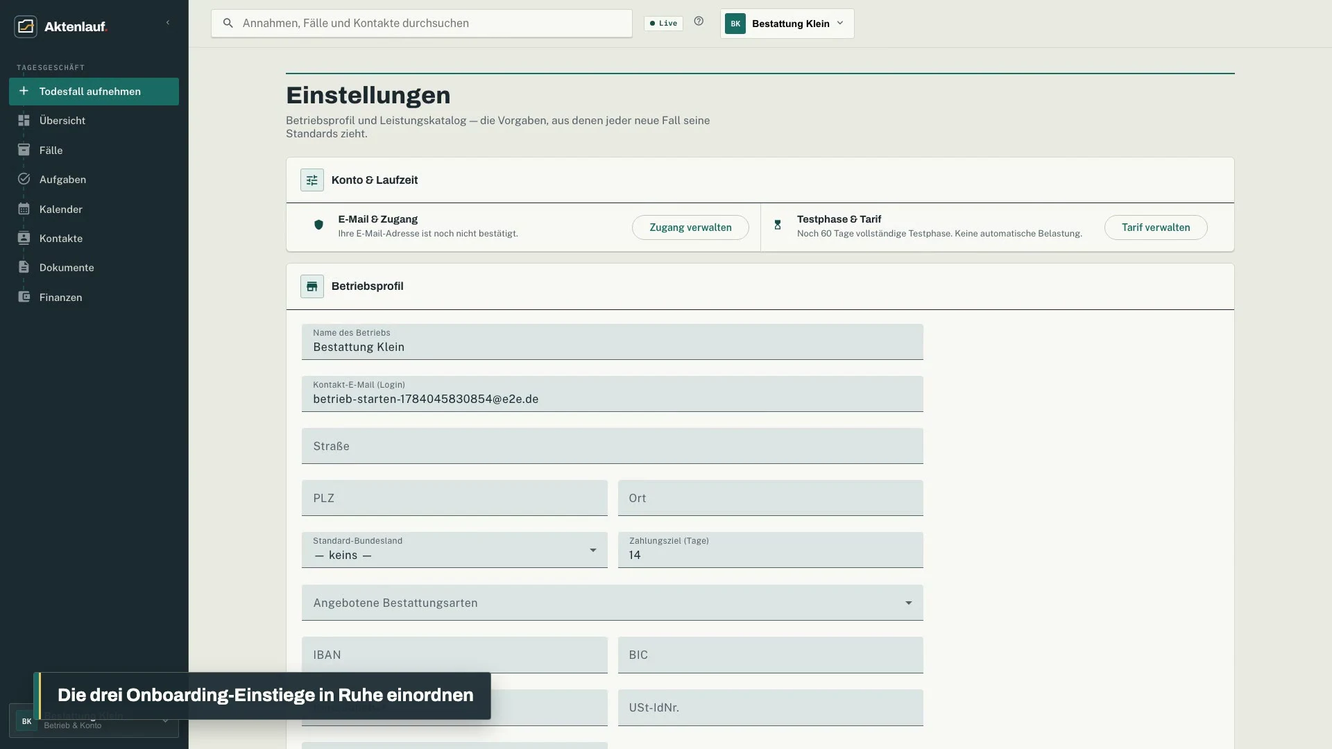 Tageszentrale mit geführter Einstiegsauswahl
