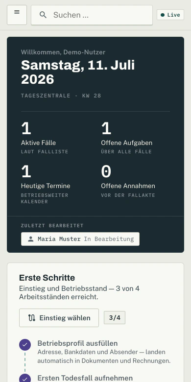 Dieselbe Aktenlauf-Tageszentrale in einem schmalen Browserfenster
