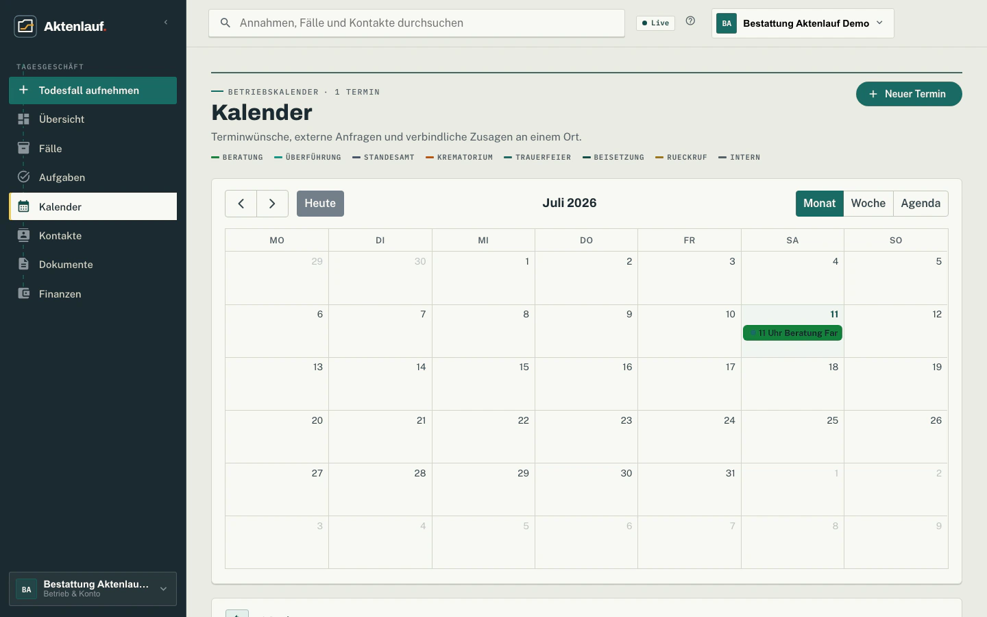 Kalender mit abgeleiteten Fallterminen