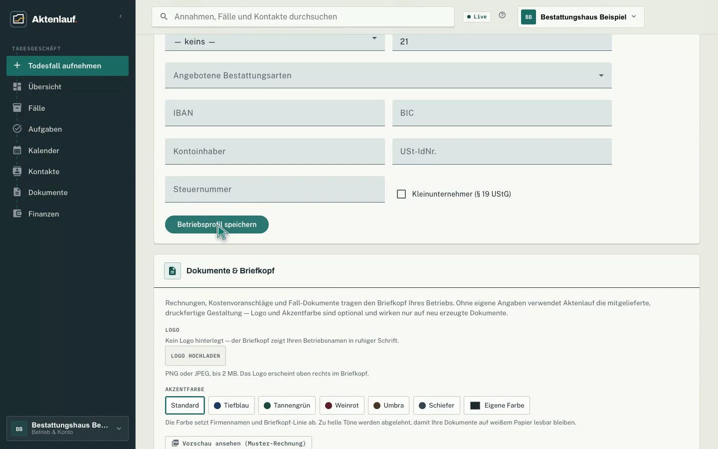 Betriebsprofil und Dokumentvorgaben in den Einstellungen