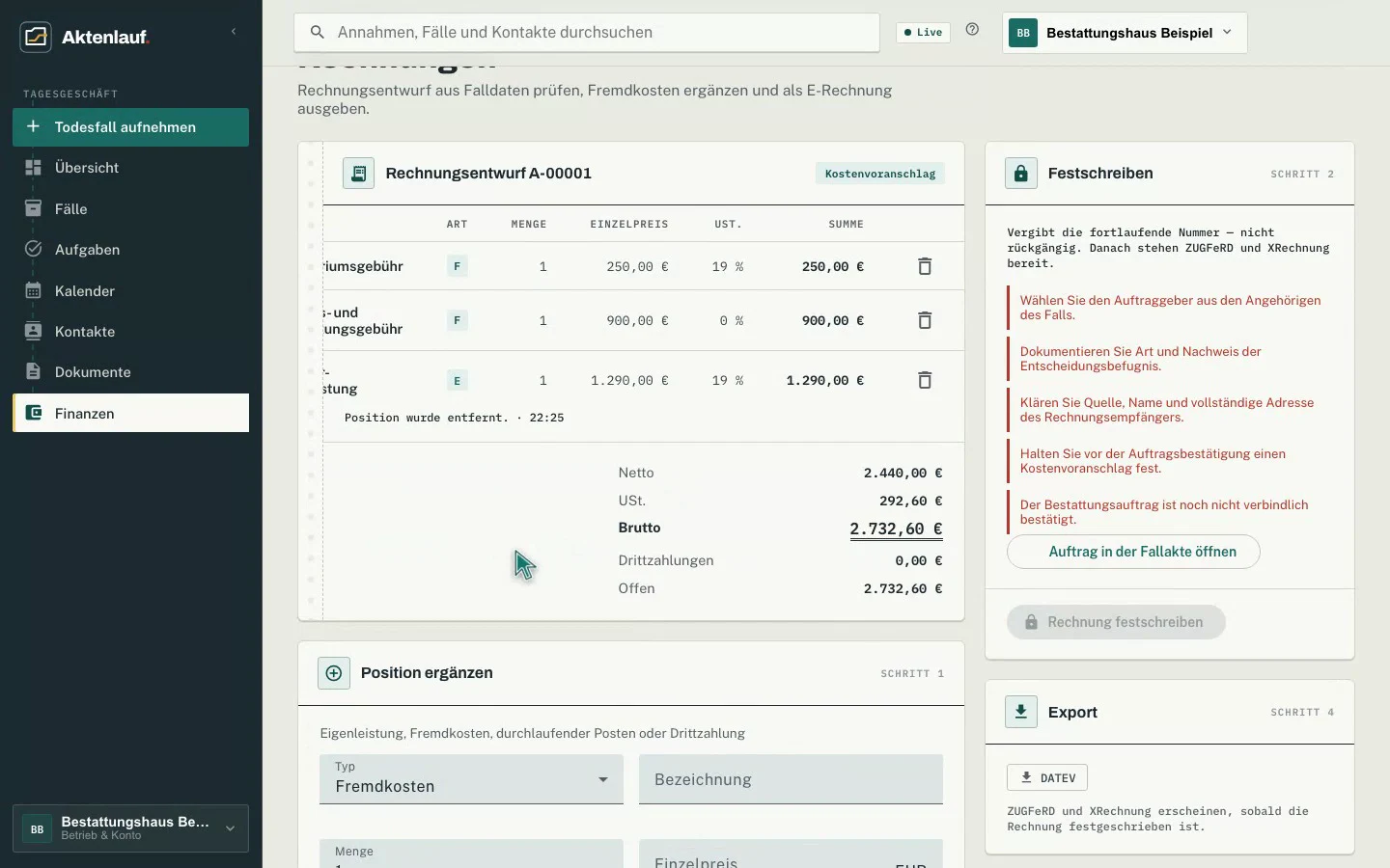 Rechnungsentwurf mit Positionen und Summen