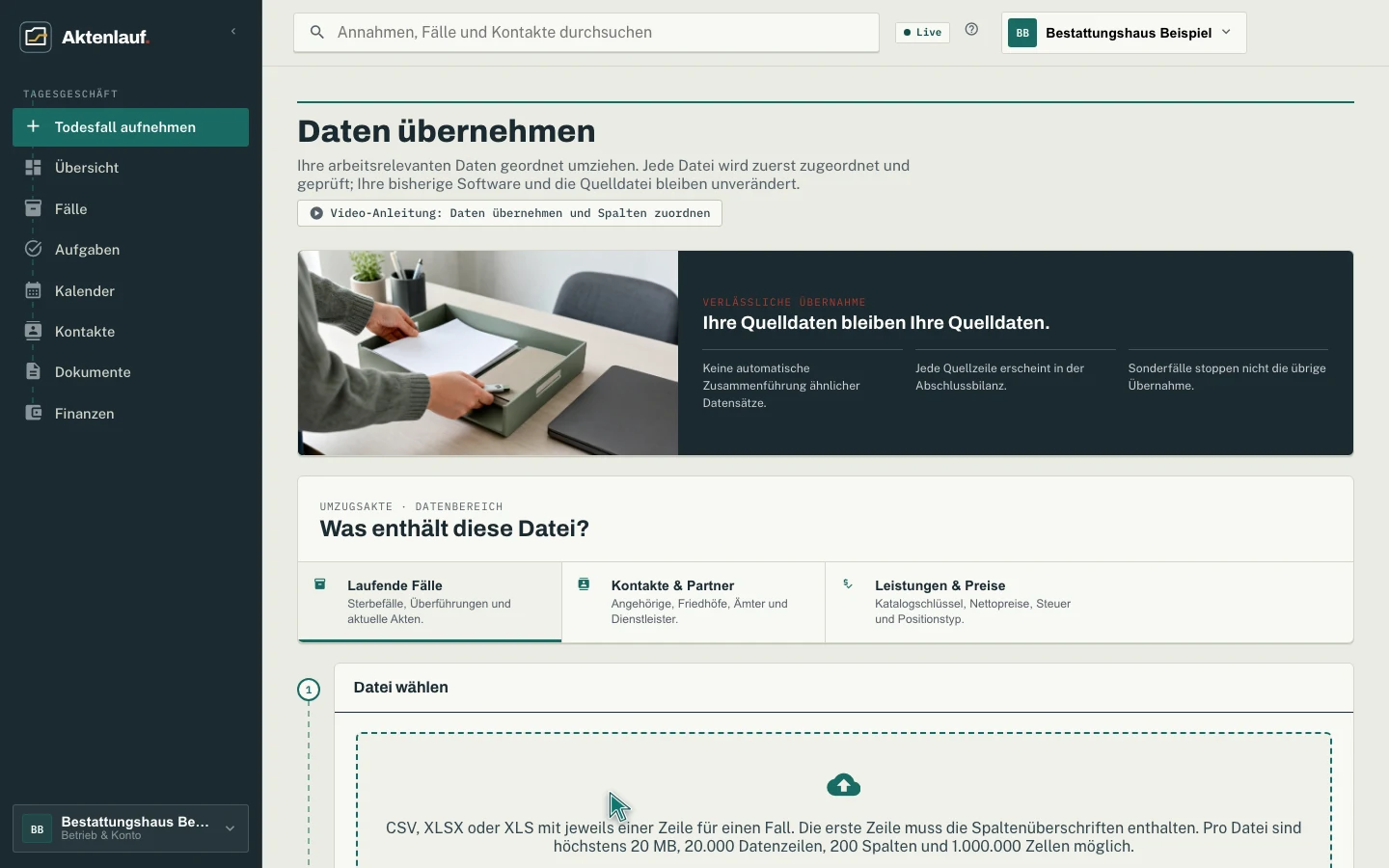 Datenübernahme als eigener Einstieg im geführten Start