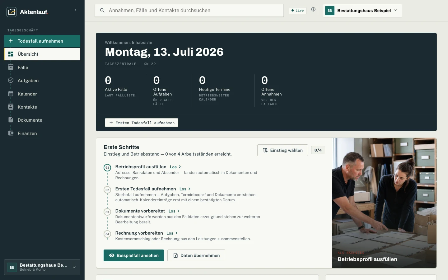 Geführte Einstiegsauswahl auf der Tageszentrale